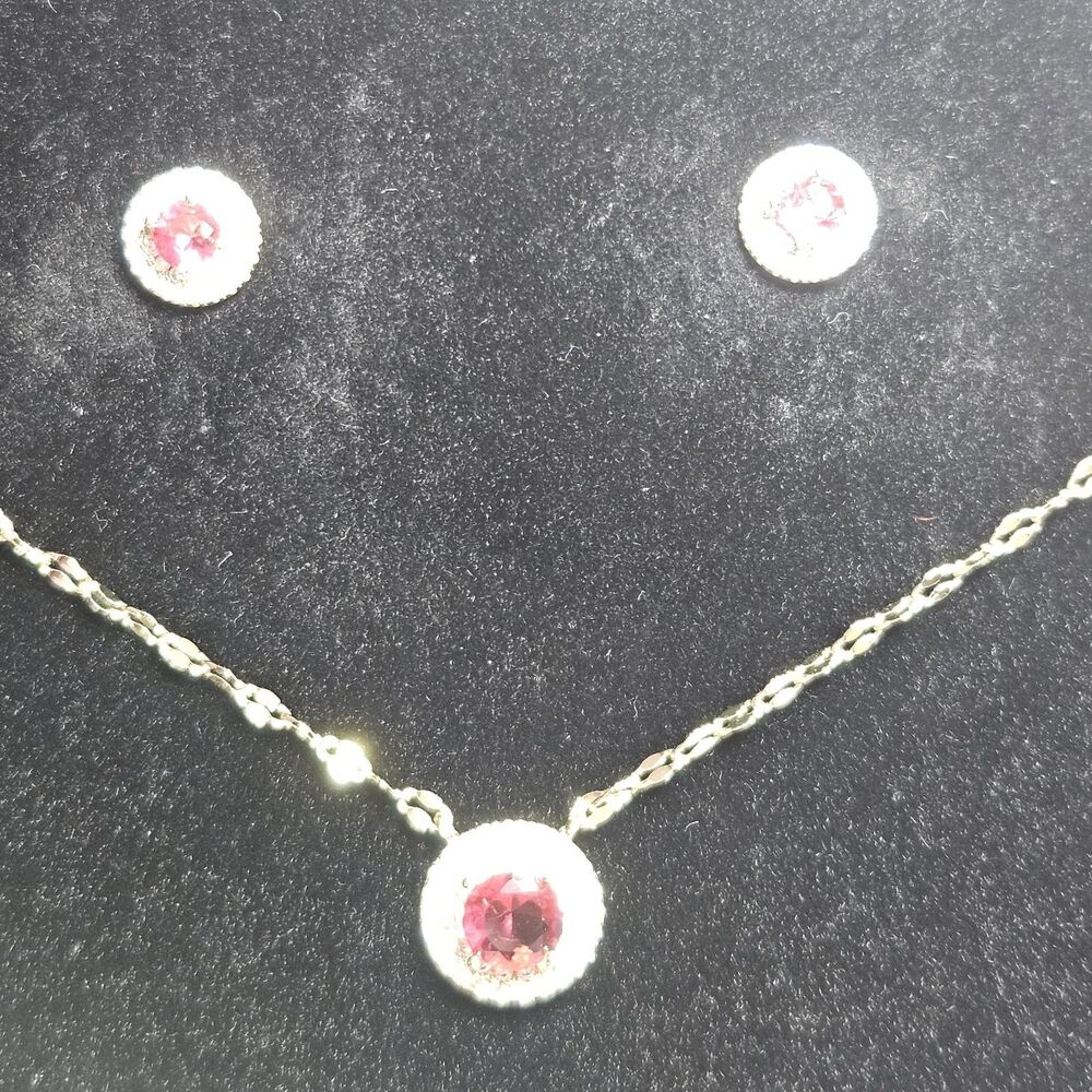 Gold Tone Red Rhinestone Clear Accents Earring Necklace Set 17-18.5"